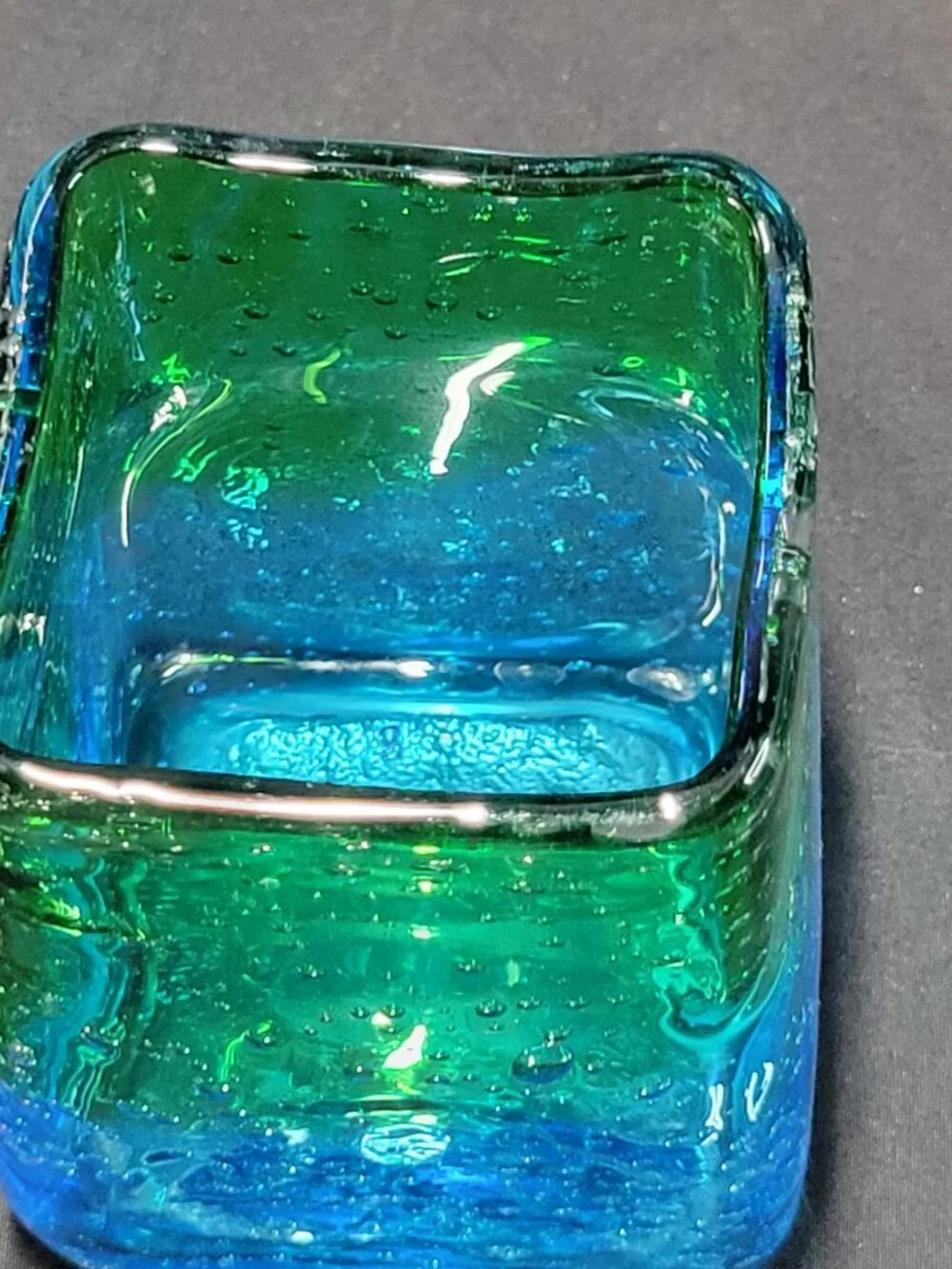 3 Beautiful Hand Blown Art Glass Half Blue Green Ombre Square Vases Votive Thick